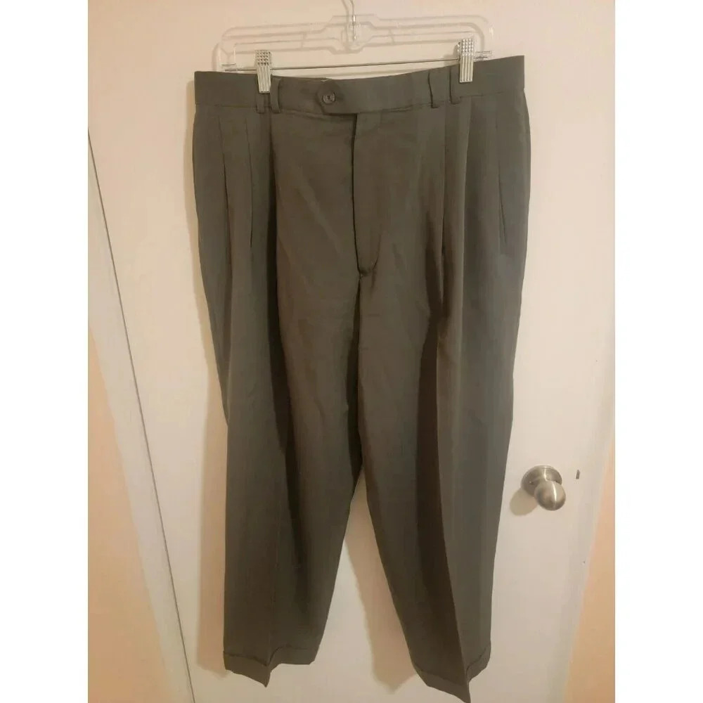 Louis Raphael 100% Wool Dress Pants Mens Green 36x28 Wool Pleated Cuffed Pocket